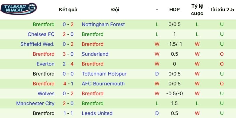 Kết quả 5 trận đấu có mặt Brentford thời gian gần đây 